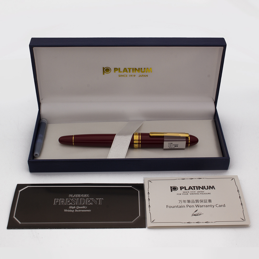 Platinum President Fountain Pen - Wine Red w Gold Trim, C/C, UEF 18k Nib  (Excellent + in Box, Works Well)